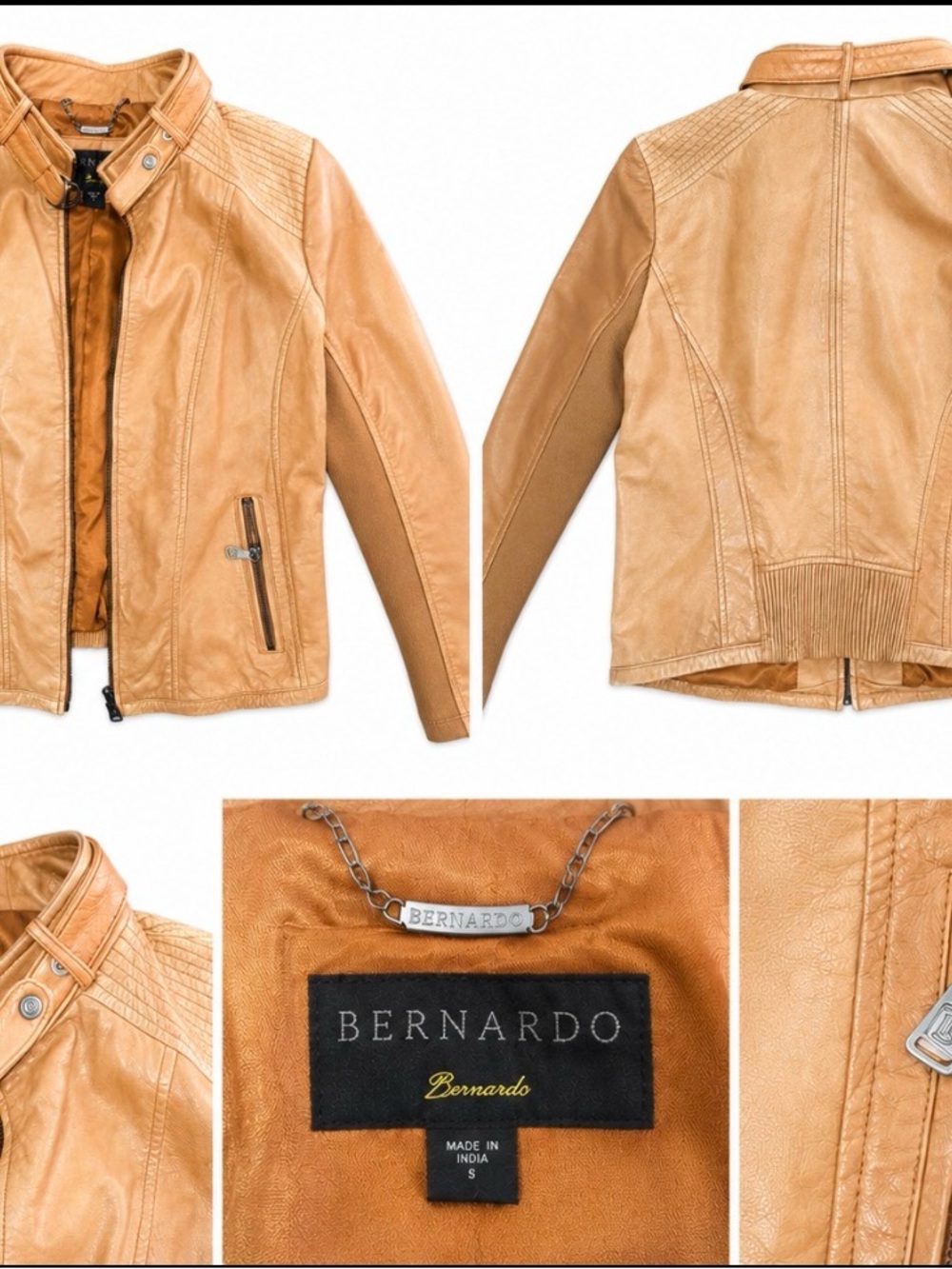 Bernardo Women's Tan Leather Jacket with Quilted Shoulders